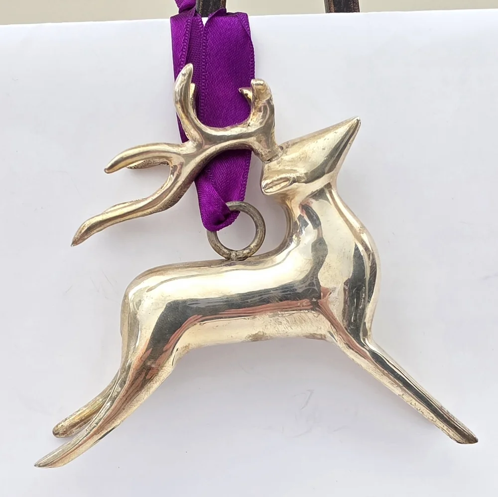 Pottery Barn Reindeer Ornament Vintage Purple Ribbon Silver Metal